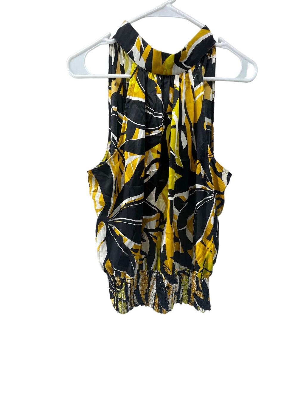 Cache Black Yellow Abstract Floral Sleeveless Smocked Top Women's Size Medium